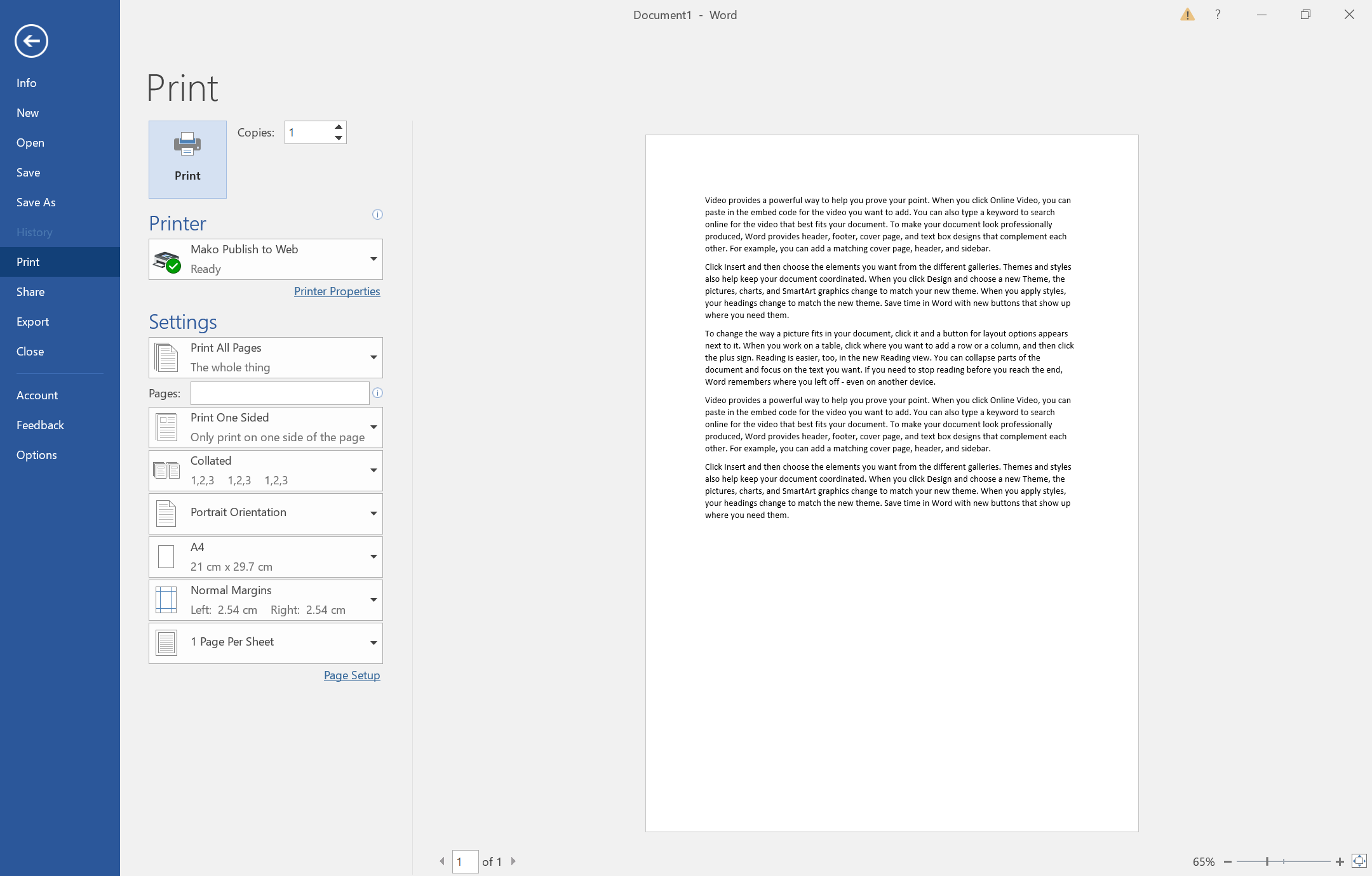 Using the Mako Publish-to-Web printer from Word